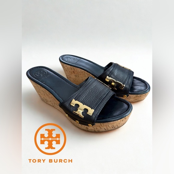 Tory Burch Shoes - TORY BURCH Navy Leather Ines Cork Wedge Sandals - Gold Logo w/ shoe bag 9M